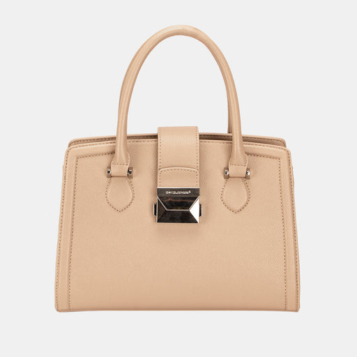 Elegant beige structured leather handbag with silver hardware, top handles, and a central clasp closure
