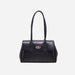 Elegant black leather structured handbag with double top handles and gold turn-lock clasp, perfect for formal or business settings